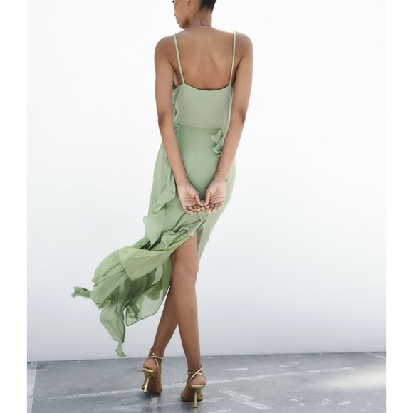 ZARA SS23 Sea Green Ruffle Maxi Dress Spaghetti Straps XS - Picture 4 of 15